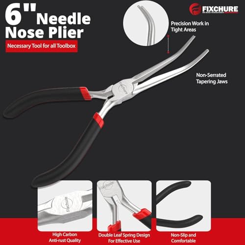 Image of 6 inch Long Needle Nose Pliers Bent 45 - Mini Jewelry Plier for Wire Wrapping, Handmade Craft, Non-Serrated with insulated Comfort Grip