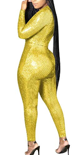 Jotebriyo Body feminino com lantejoulas e gola V profunda básico slim fit, Amarelo, X-Small