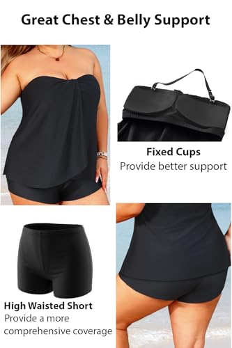 Image of Daci Plus Size Bandeau Tankini Swimsuit for Women 2 Piece Halter Swim Top with Shorts Tummy Control Bathing Suits