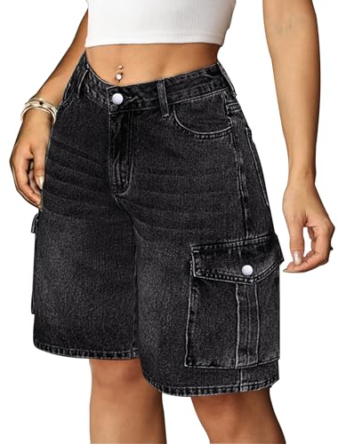Eddoyee Baggy Bermuda Cargo Jorts for Women Y2K Long Knee Length Stretchy Denim Jean Shorts Casual Outfits with 6 Pockets(Black Large)