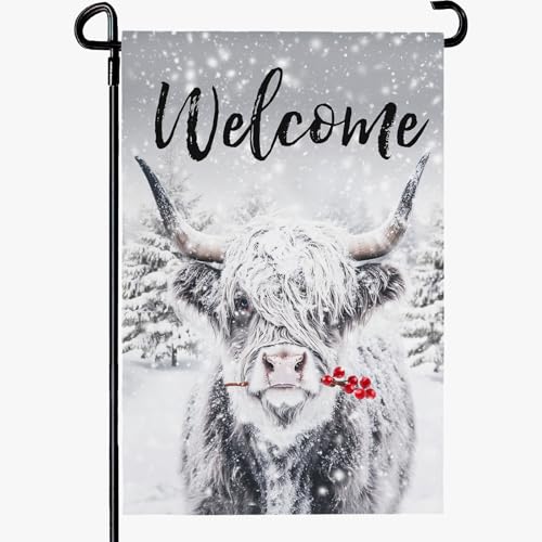 Dacawin Welcome Winter Garden Flag Highland Cow Yard Flags Christmas Cows with Red Holly Berry House Banner Seasonal Snow Grey Bull White Pine Wall Banner for Farmhouse Rustic Holiday Decor 12x18 Inch