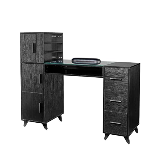 OmySalon Manicure Table Nail Desk for Nail Tech w/Glass Top & Wrist Rest, Beauty Salon Nail Supplies Decor Workstation Acetone Resistant w/3 Side Cabinet+3 Drawers+3 Layers Open Cabinet+1 Open Drawer