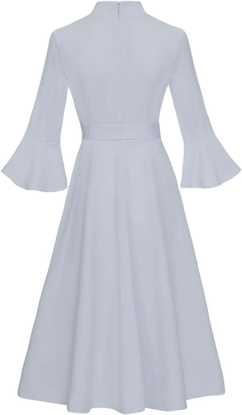 Women's Bell Sleeve Church Dress Clergy Midi Dress Tab Insert Collar Priestess Dress - Image 4