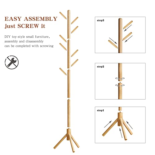 Aibiju Coat Rack Freestanding, Coat Tree With 8 Hooks And 3 Height Options, Wood Coat Hanger Stand, Clothes Tree Easy To Assemble Suitable For Kids, Bedroom Office Entryway Natural Yd-1004 #TOP4