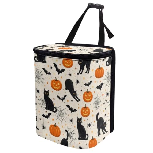 Image of Talayituse Pumpkin Black Cat Bat Print Car Trash Can Portable Auto Garbage Bin Multifunctional Vehicle Interior Accessories with Adjustable Straps Universal Fit Truck SUV Sedan Halloween Decor