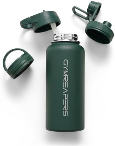 Gymreapers Insulated Water Bottle - Stainless Steel 32 Oz, 3 lids...