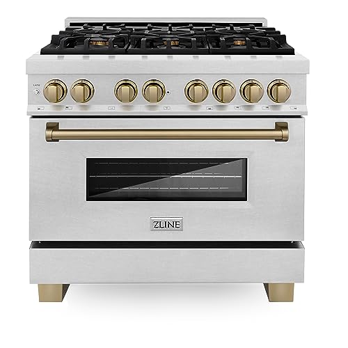 ZLINE Autograph Edition 36 in. 4.6 cu. ft. Legacy Dual Fuel Range with 6 Burner Gas Cooktop and Electric Convection Oven in Satin Stainless Steel and Champagne Bronze Accents (RASZ-SN-36-CB)