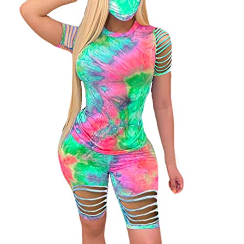 Women Summer Outfits,Women Short Sleeve 2 Piece Outfits Tracksuit Sequin Lips Print Top and Short Pants Sweatsuit Set Green