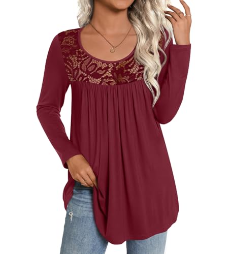 CATHY Womens Long Sleeve Casual Tunic Tops Fall Fashion 2026 Loose Fit Dressy to Wear with Leggings Winter Elastic Shirts, XL, Wine Red Lace