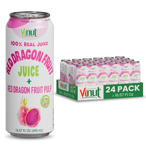 Image of VINUT 100% Red Dragon Fruit Juice with Pulp (Pitaya), No Added Sugar, Not From Concentrate, 16.57 fl oz (490 mL) Can, Pack of 24