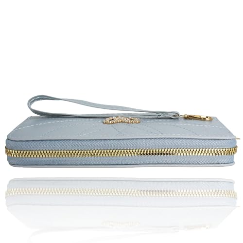 Women's Quilted Wallet, Women's Long Wallet with Crystal Bow, Detachable Wristband, Large Capacity Phone Bag, Light Blue, 7.67 x 3.93 inches3