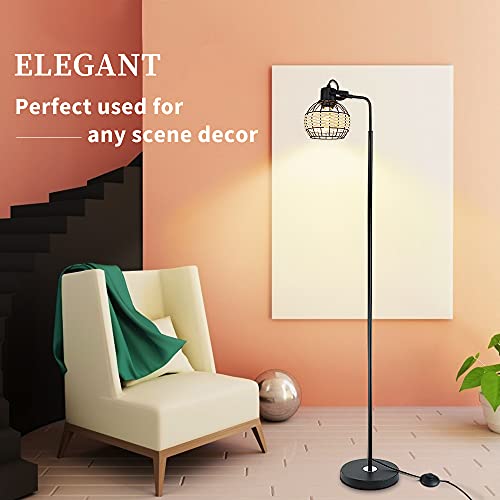 Dllt Led Floor Lamp, Adjustable Head Standing Lamp With Heavy Metal Based, Farmhouse Tall Rattan Floor Lamps Reading Lighting For Living Room, Bedroom, Study Room, Office, 8W 3000K E26 Bulb Included #TOP6