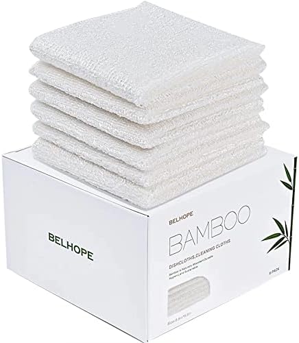 belhope Bamboo Kitchen Dish Cloths, Absorbent Quick Drying Reusable Cleaning Cloths, 9.8 x 9.8 Inches, 6-Pack, White