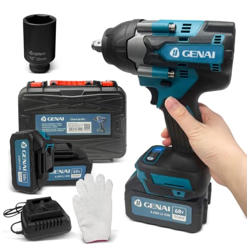 Chave de Impacto sem Escova 21V, 700Nm, 0-1800 RPM, 2 Baterias de Lítio 4.0Ah e Carregador, para Aperto de Porcas e Parafusos, Manutenção Automotiva e Construção (68V)