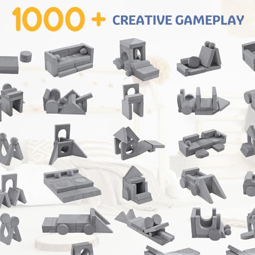 22Pcs Modular Kids Play Couch, 1000+DIY Creativing Playroom Furniture for Kids, Toddler Couch, Convertible Foam and Floor Cushion for Boys and Girls,Dark Grey