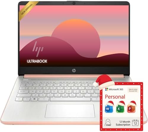 HP Rose Gold Ultrabook 14 Laptop with Office 365, Intel 4-Core CPU, 1.1TB Storage (1TB OneDrive and 64GB Emmc), 8GB RAM, Windows 11, No Mouse