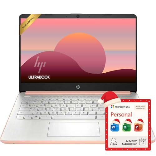 Image of HP Rose Gold Ultrabook 14 Laptop with Office 365, Intel 4-Core CPU, 1.1TB Storage (1TB OneDrive and 64GB Emmc), 8GB RAM, Windows 11, No Mouse