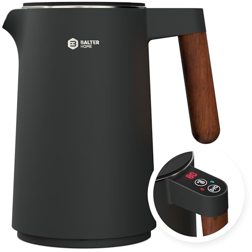 BALTER Edelstahl Wasserkocher mit Temperatureinstellung, 45°C-100°C, Doppelwand, BPA frei, leise & kabellos, Warmhaltefunktion, Teekocher mit Temperaturanzeige, 1.5L, 2200W, Schwarz (Titanium Gray)