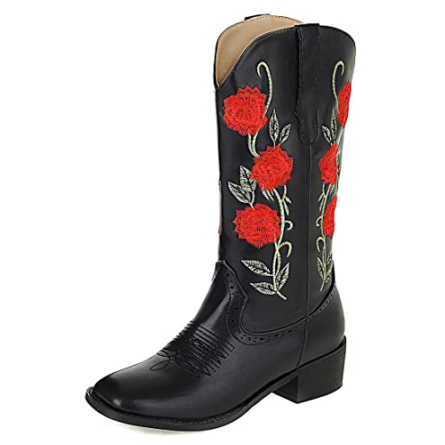 KiutSymo Womens Cute Embroidered Cowgirl Boots Mid Calf Square Toe Chunky Heels Western Work Boots