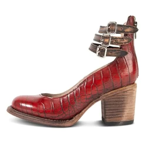 Mary Jane Shoes Womens Leather Ankle Strap High Heel Pumps Vintage Style Block Heel with Adjustable Buckles Round Toe Back Zipper Pumps for Women