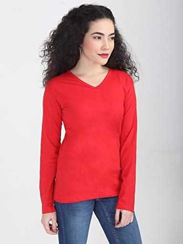 Image of FLEXIMAA Women's Cotton Plain V Neck Full Sleeve T-Shirt