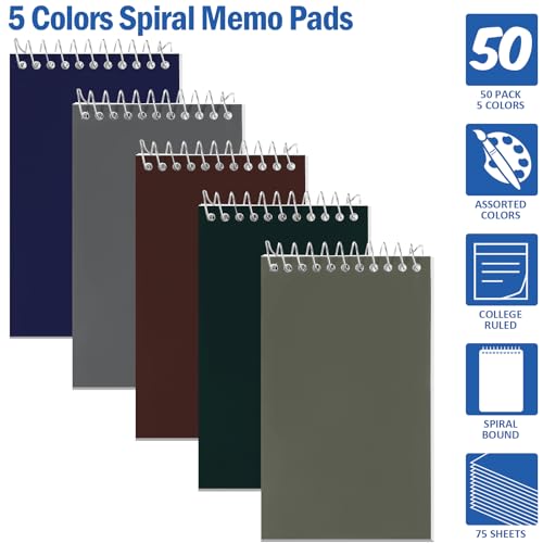 Image of Teling 50 Pieces Spiral Memo Pads Bulk 3 x 5 Inch Small Note Pads Top Bound Lined College Ruled Paper Mini Notepad Pocket Spiral Notebooks for School Office Home Supplies, 75 Sheets (Dark Colors)