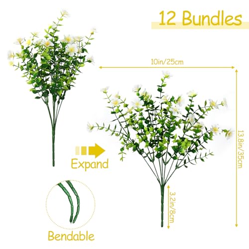 Artificial Flowers for Outdoors, 12 Bundles Faux Flowers Fake Eucalyptus Plants Flowers for Hanging Planter Porch Garden Patio Home Decor (White, 12PCS) image 1