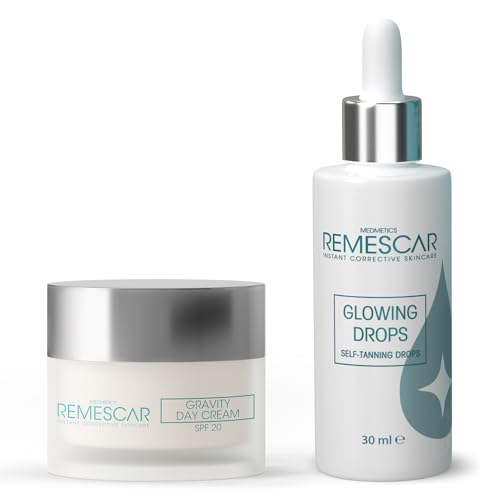 Remescar Gravity Crema de Día SPF20 + Glowing Drops – Hidratación y Glow Natural – Rutina Facial para Piel Firme y Luminosidad Efecto Bronceado