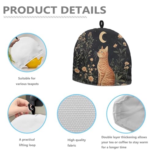 Image of Cat Leaf Tea Cosy with Hanging Loop Home Kitchen Accessory Tea Pot Dust Cover Breakfast Warmer Insulated Kettle Cover