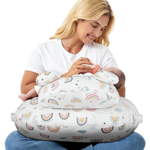 Hoyiyobi Cojín de Lactancia con Borde de Seguridad,con Correa Ajustable y Funda de Algodón Extraíble,Almohadas para Alimentación,Patrón de Arcoíris