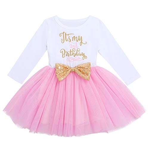 FYMNSI Vestido de fiesta para bebé y niña, de algodón, de manga larga, para fiesta de princesa, vestido de fiesta, Rosa - Es Mi 2º cumpleaños, 2 Años Cover