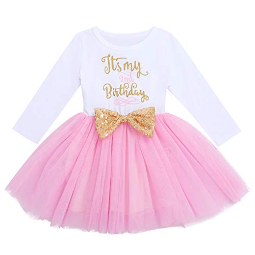 FYMNSI Vestito da bambina a maniche lunghe, in tulle, linea A, principessa, Rosa - Es ist Mein 2° Birthday, 2 Anni