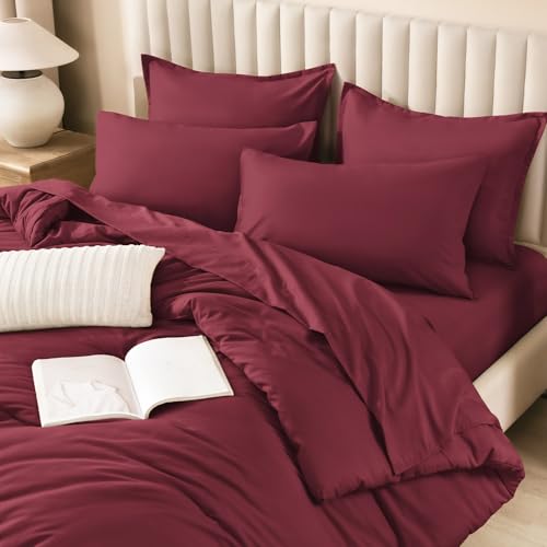 Image of Litanika Super King Plus Comforter Sets Burgundy - 7 Pieces Bed in a Bag Beddding Sets, Solid Lightweight Bed Set with Comforter, Sheets, Pillowcases & Shams