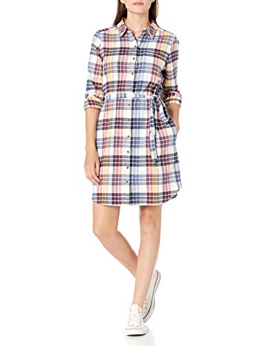 Amazon Brand - Goodthreads Women's Flannel Relaxed Fit Belted Shirt Dress, Multi-Color Plaid , Large