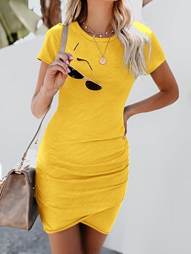 Image of BTFBM Women's Summer Dresses 2026 Casual Bodycon Mini Dress Short Sleeve Crew Neck Ruched Spring Beach Vacation Outfits