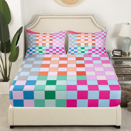 Image of Colorful Buffalo Plaid Bed Sheets King Geometric Grid Checkered Sheet Set Rainbow Ombre Checkerboard Bedding for Kids Boys Girls Women,Groovy Aesthetic 1 Fitted Sheet 1 Flat Sheet 1 Pillow Case