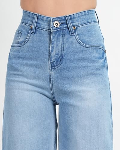 Image of Women's High Waist Wide Leg Jeans, Light Blue Denim, Stretchable Relaxed Fit