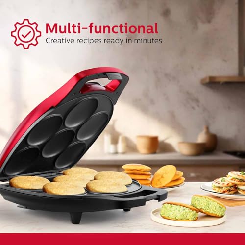 Image of Holstein Housewares Non-Stick 6-Section Multi-Food Maker - Arepas, Mini Pancakes, Corncakes and More, 6-PC, Red /Black