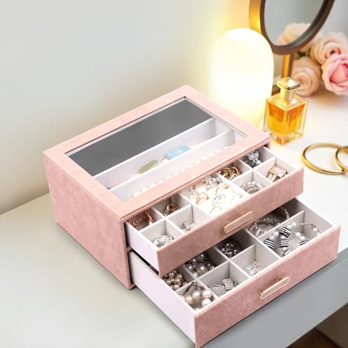 Image of BucketList Premium PU Leather Jewellery Organizer Box with Glass Lid | 2 Pull-Out Drawers Multi-Compartment Storage for Rings, Earrings, Necklaces & Bracelets (2-Layer Jewelry Box (Pink))