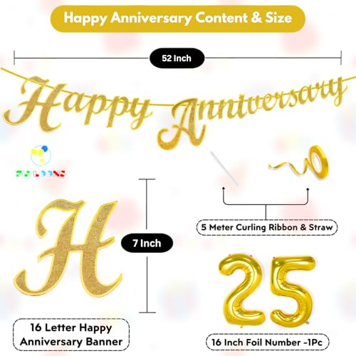 Image of Flyloons 25th Happy Anniversary Banner Gold Decorations Kit for Men Women Wedding Anniversary Banner Items without Balloons Silver Jubilee