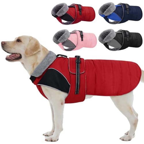 Nanaki Large Dog Coats for Winter Waterproof, Warm Fleece Lining Reflective Large Dog Jacket with Leash Hole,Furry Collar Cold Weather Puppy Jacket Outdoor Walking Hunting Easy On Pet Snow, Red 2XL