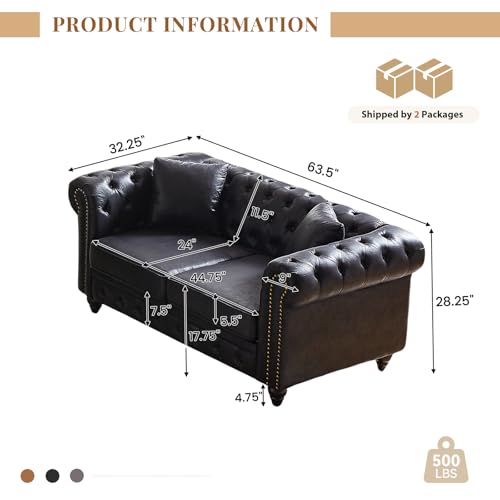 Image of Modern Chesterfield Sofa Couch, 63.5-inch Faux Leather Loveseat Sofa with Rolled Arms and Tufted Button for Living Room, Office, Black