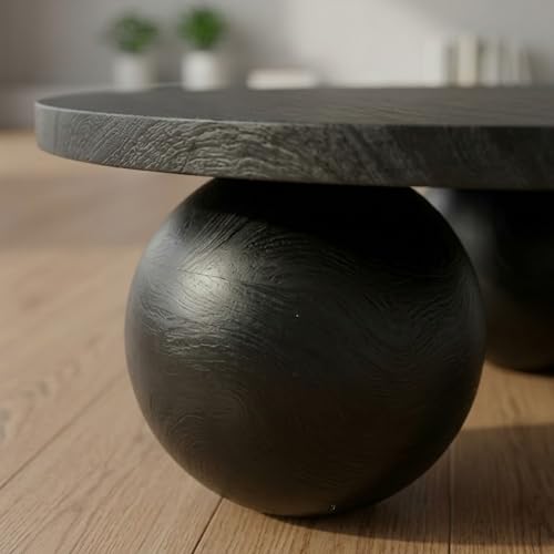 Image of Solid Mango Wood Modern - Round Coffee Table with Ball Shape Base - Bohemian Solid Wood Coffee Table for Office and Living Room C#058 (Black)
