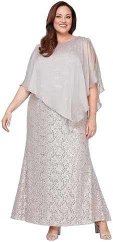 S.L. Fashions Womens Plus Size Long Length Sequin Lace Beaded Capelet Mother of The Bride Dress, Formal Evening Gown