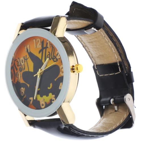 Image of SHINEOFI Halloween Unique Leather Quartz Watch with Adjustable Strap and Stable Performance for Men and Women, Black Round Casual Watch as Gift for Your Husband or Halloween Party