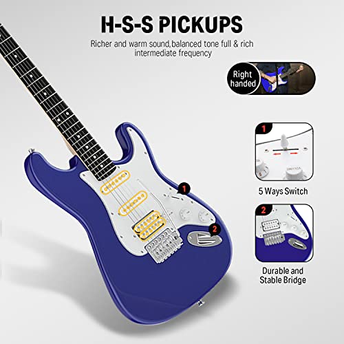 Image of Donner 39 Inch Electric Guitar Beginner Kit Full Size Purple Sapphire Blue HSS Pick Up Starter Package with Amp Online Lesson Bag Tuner Capo Strap String Cable Picks DST-100L