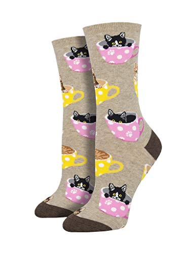 Socksmith Women's Crew Socks (Cat-Feinated- Hemp Heather, 1-Pack)