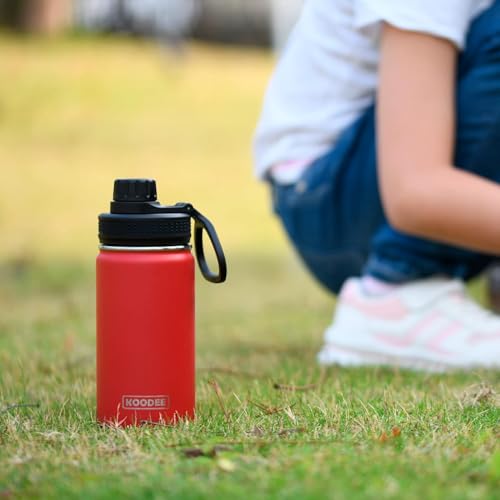 Image of koodee Water Bottle 2 Pack 12 oz Stainless Steel Vacuum Insulated Wide Mouth Sports Water Bottle with Leakproof Spout Lid (Canyon Red-Black)