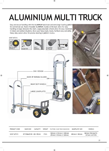 Image of STANLEY SXWT-MT515 2-in-1 Aluminium Multi Truck, Handtruck(200kg Capacity) & Platform(250kg Capacity),10 inch(260mm) Pneumatic Wheels,Platform Dimensions: 118x51x103 cm, Handtruck Dimensions: 47x51x132 cm
