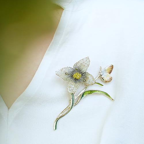 Image of Handmade Embroidery Flower Brooch Pins for Women, SHE'S FREE STYLE JUST FOR YOU Luxury Gradient Stitching Floral Brooch Pins with Crystal stamen, Enamel Metal Butterfly with Green Leaves, Hand Dripping Oil Jewelry pins